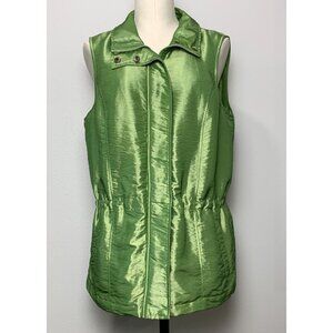 Coldwater Creek Womens Green Sleeveless Shiny Vest Jacket Full Zip Snap Medium